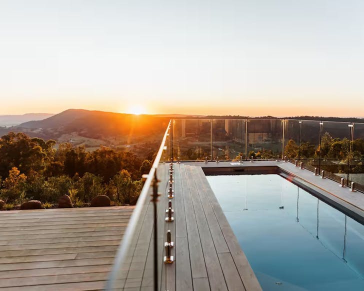 The pool overlooking the valley at the off-grid Airbnb at Lambs Valley, NSW