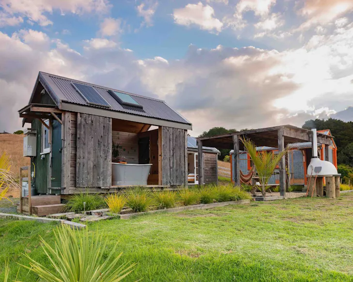 An exterior view of Off Grid Arohanui Cabins best tiny home Airbnbs New Zealand