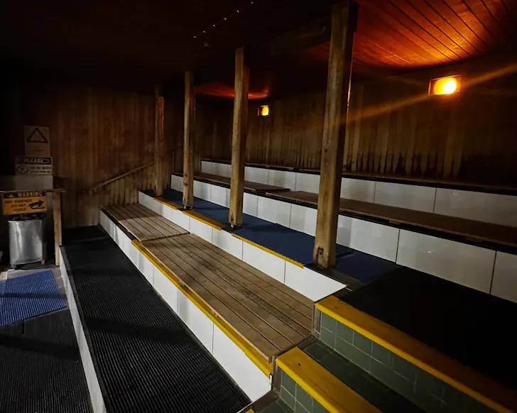 A cedar-lined communal sauna at The Olympic Pools.