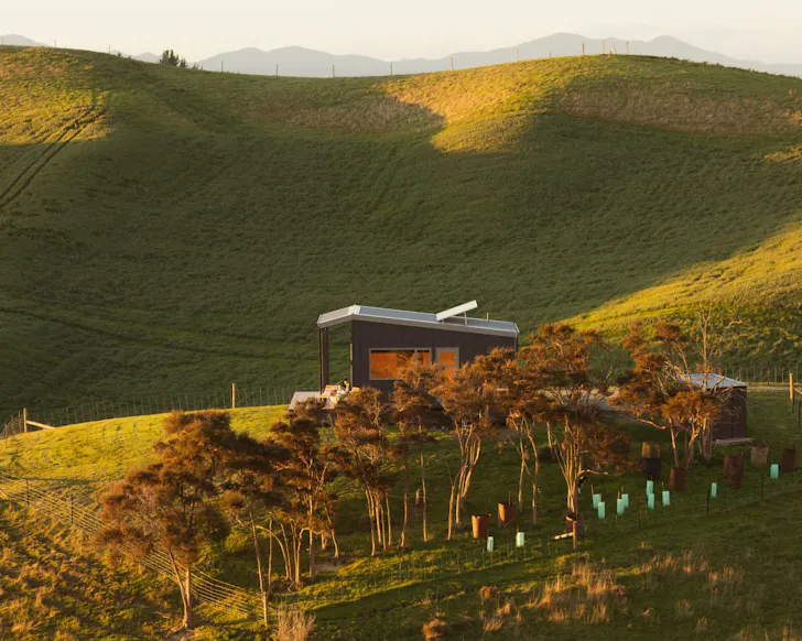 An aerial view of Omaka Valley Hut best tiny homes New Zealand