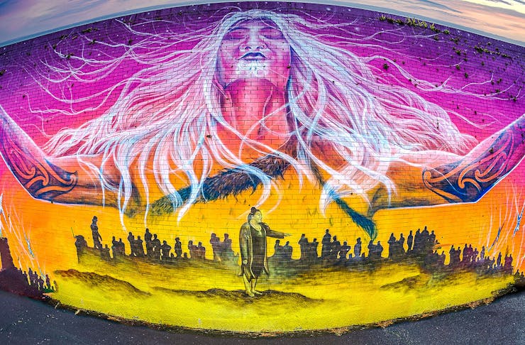 Impressive street art adorns a wall in Onehunga.