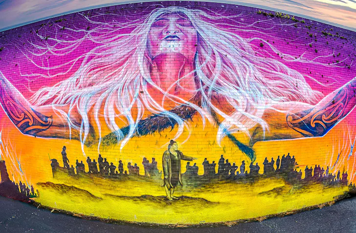Impressive street art adorns a wall in Onehunga.