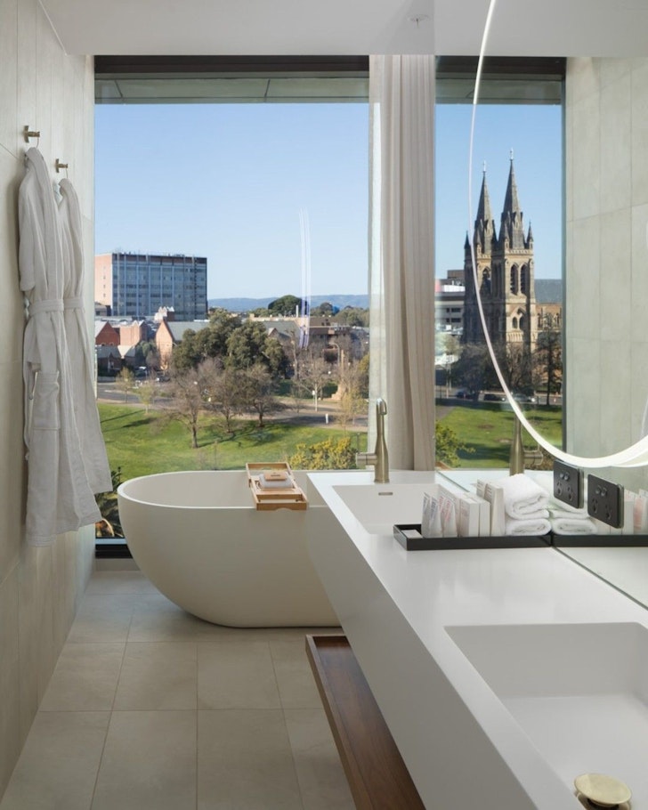 A bathroom with a view at the Oval Hotel one of the best Adelaide hotels
