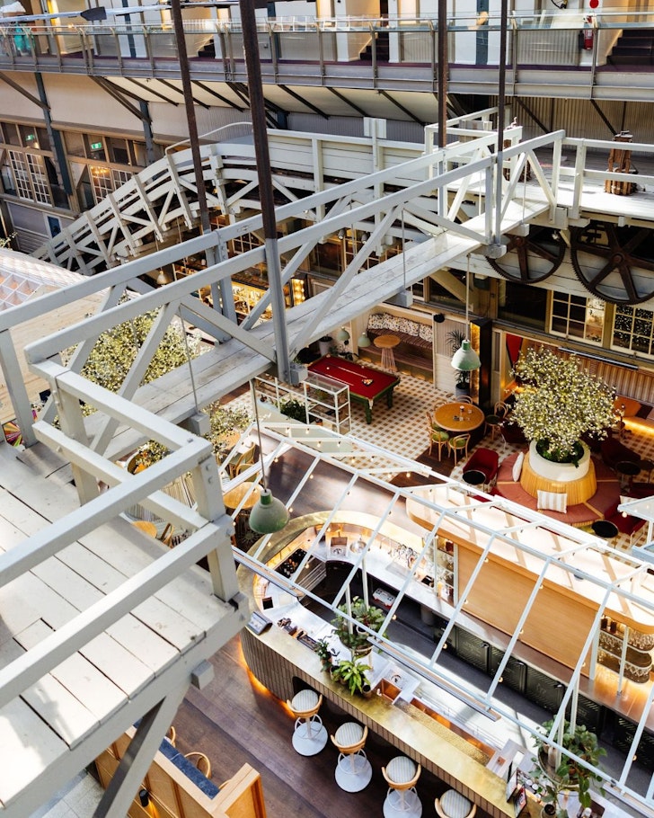 A view of the lobby from above at Ovolo Woolloomooloo one of the best hotels in Australia