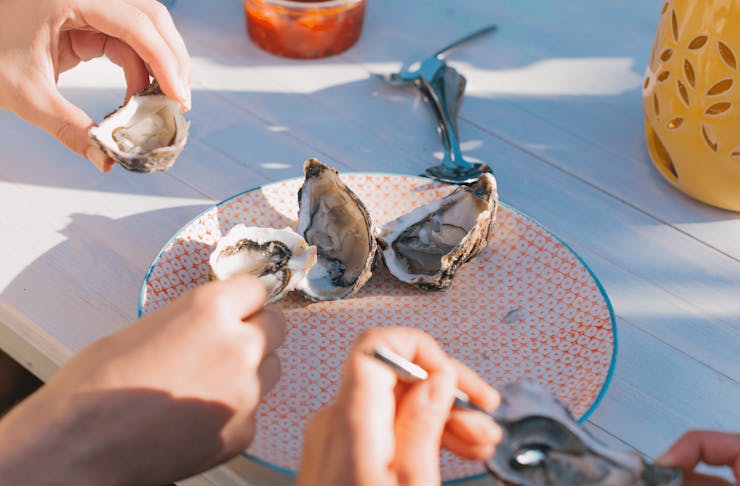 A plate of oysters with people shucking. 