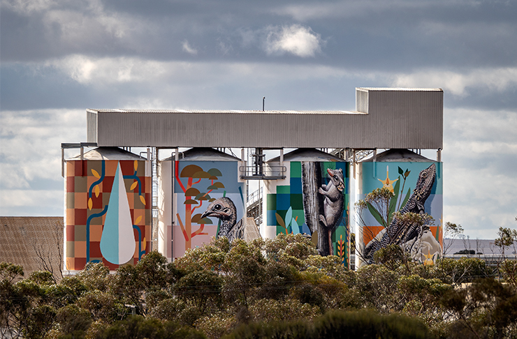 A series of intricately pained silos on a best scenic drive melbourne.