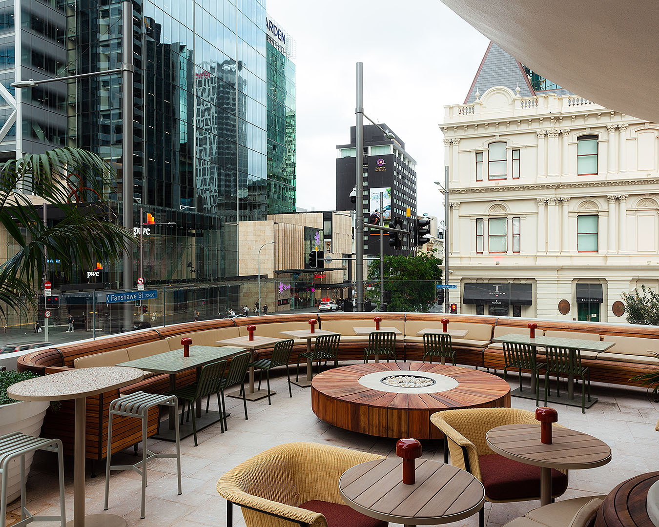 Palmer Rooftop bar shows a lovely outdoor space with chairs and tables.