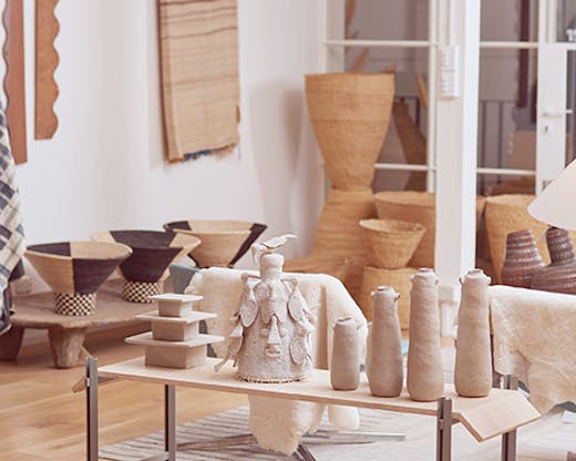 Pan Afters studio with ceramics and wooden design pieces.