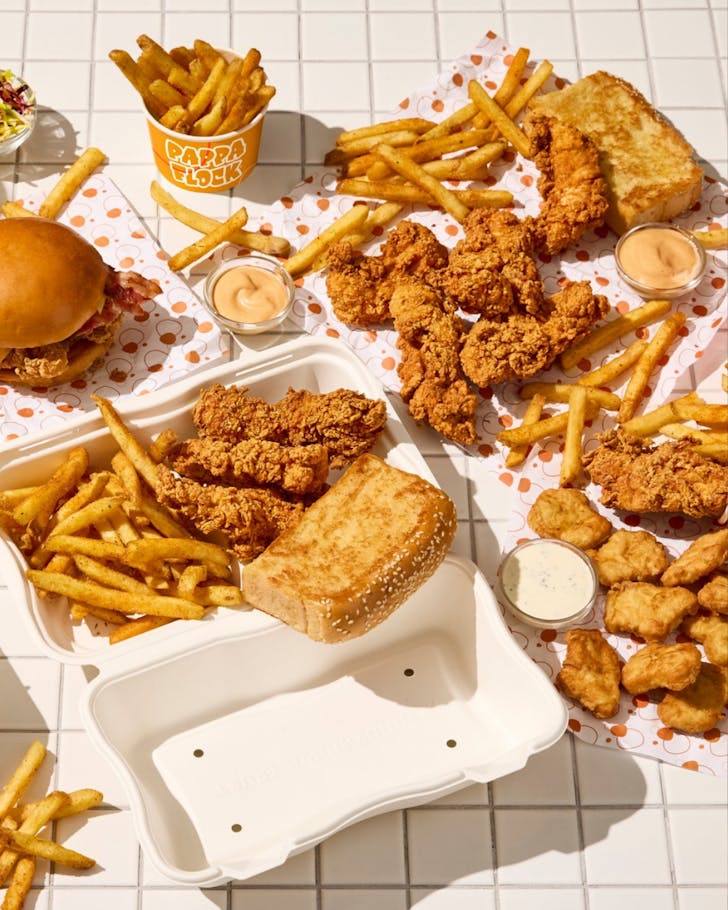 Chicken tenders and buckets of chips at Pappa Flock. 