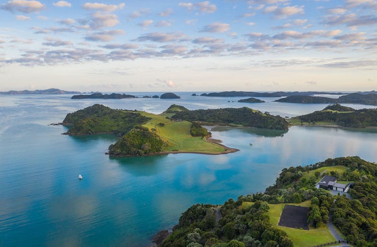 Paroa Bay Winery is seen with lush little islands dotted around it in Northland.