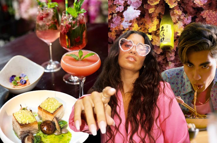 A collage featuring cocktails, a man slurping pasta and a woman pointing towards the camera