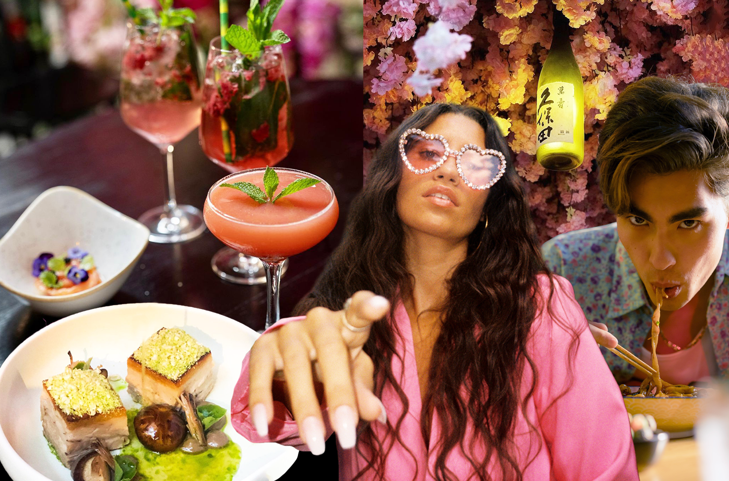 A collage featuring cocktails, a man slurping pasta and a woman pointing towards the camera