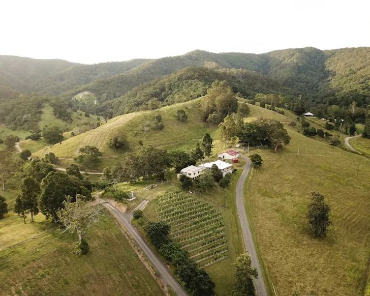 An aerial view of Peaceful 1920s Queenslander one of the best farm stays near Brisbane