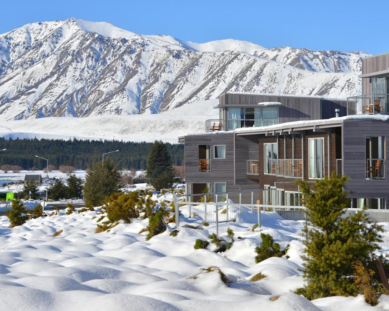 A swanky resort backed by snow-covered mountains in Tekapo. 