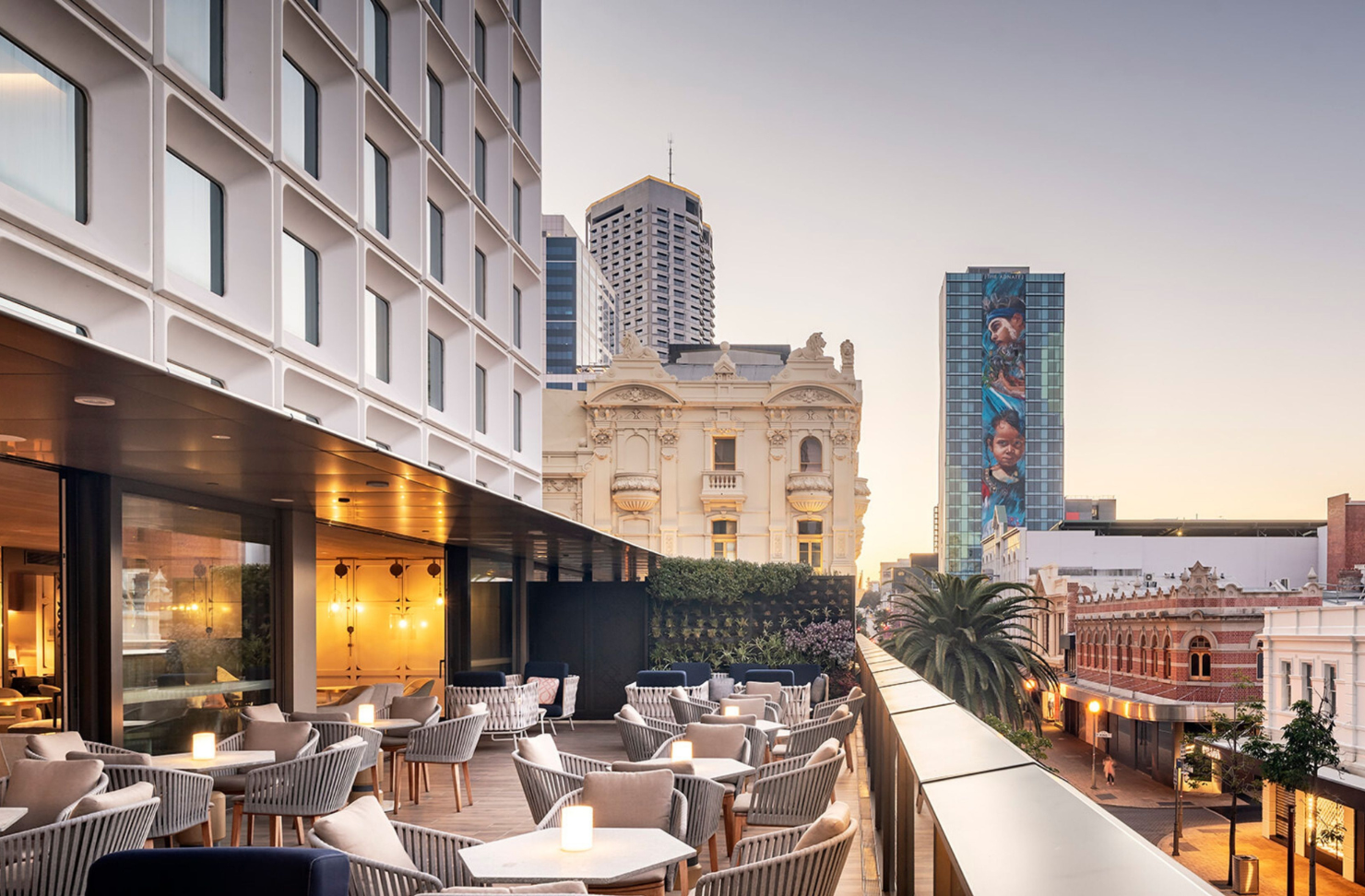 Perth city skyline from rooftop bar