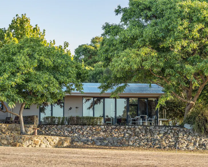 An exterior view of Cabin 1 at Petra Olive Oil Estate one of the best WA farm stays