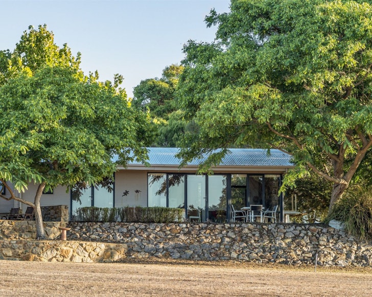 An exterior view of Cabin 1 at Petra Olive Oil Estate one of the best WA farm stays
