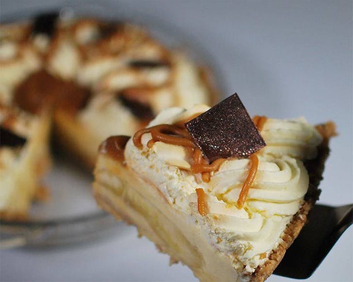 The banoffee pie at The Pie Piper is held up for the camera.