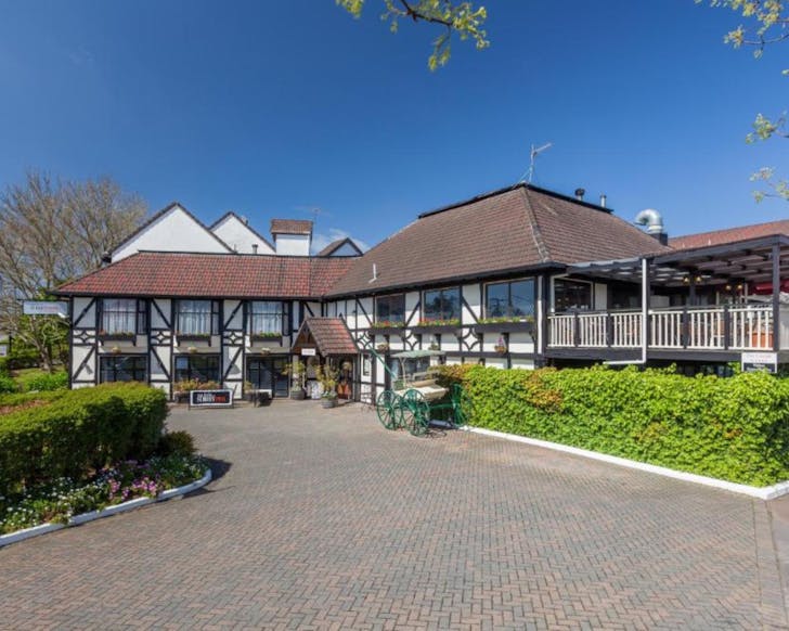 Outside the Tudor-inspired The Surrey Hotel in Ponsonby, Auckland