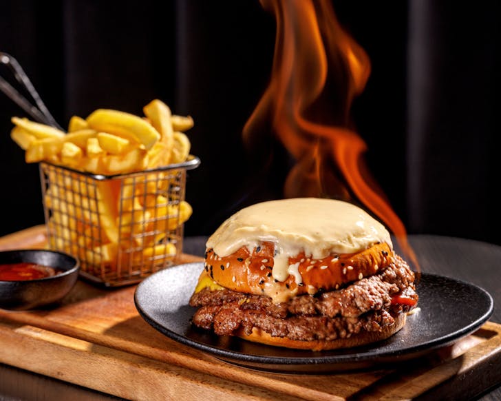 The Longroom's flaming, fondue-topped entry for this year's Ponsonburger festival. 