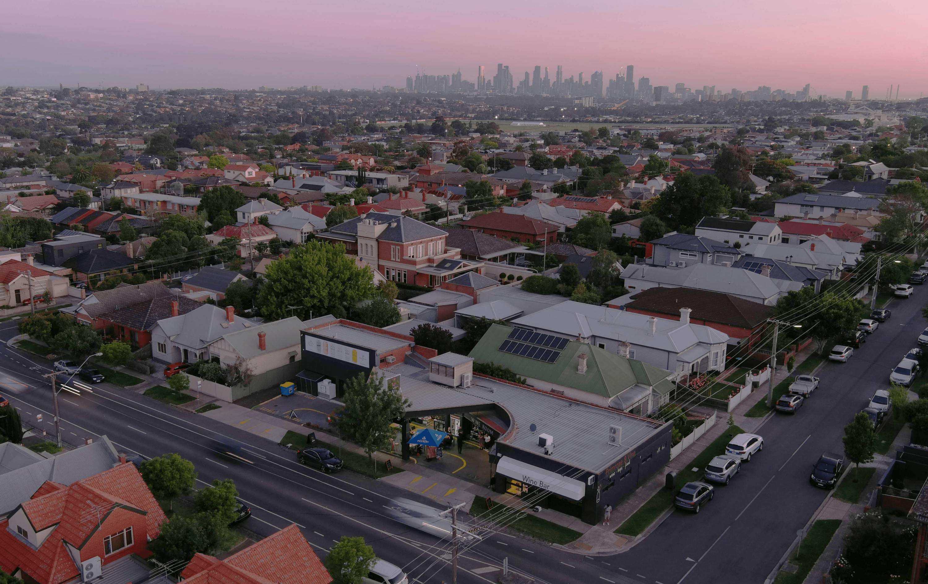 A sky-high view of Essendon with the CBD in the background.