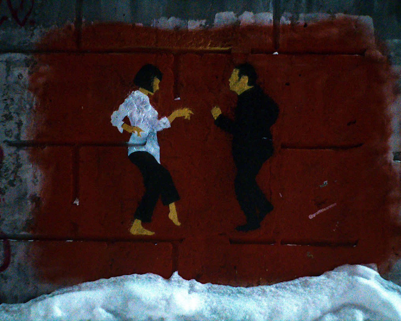 John Travolta and Uma Thurman dance from Pulp Fiction depicted in a minimalist graffiti