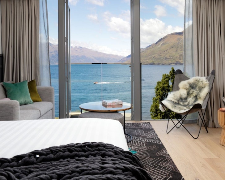 A room with a water view at QT Queenstown one of the best Queenstown accommodation options