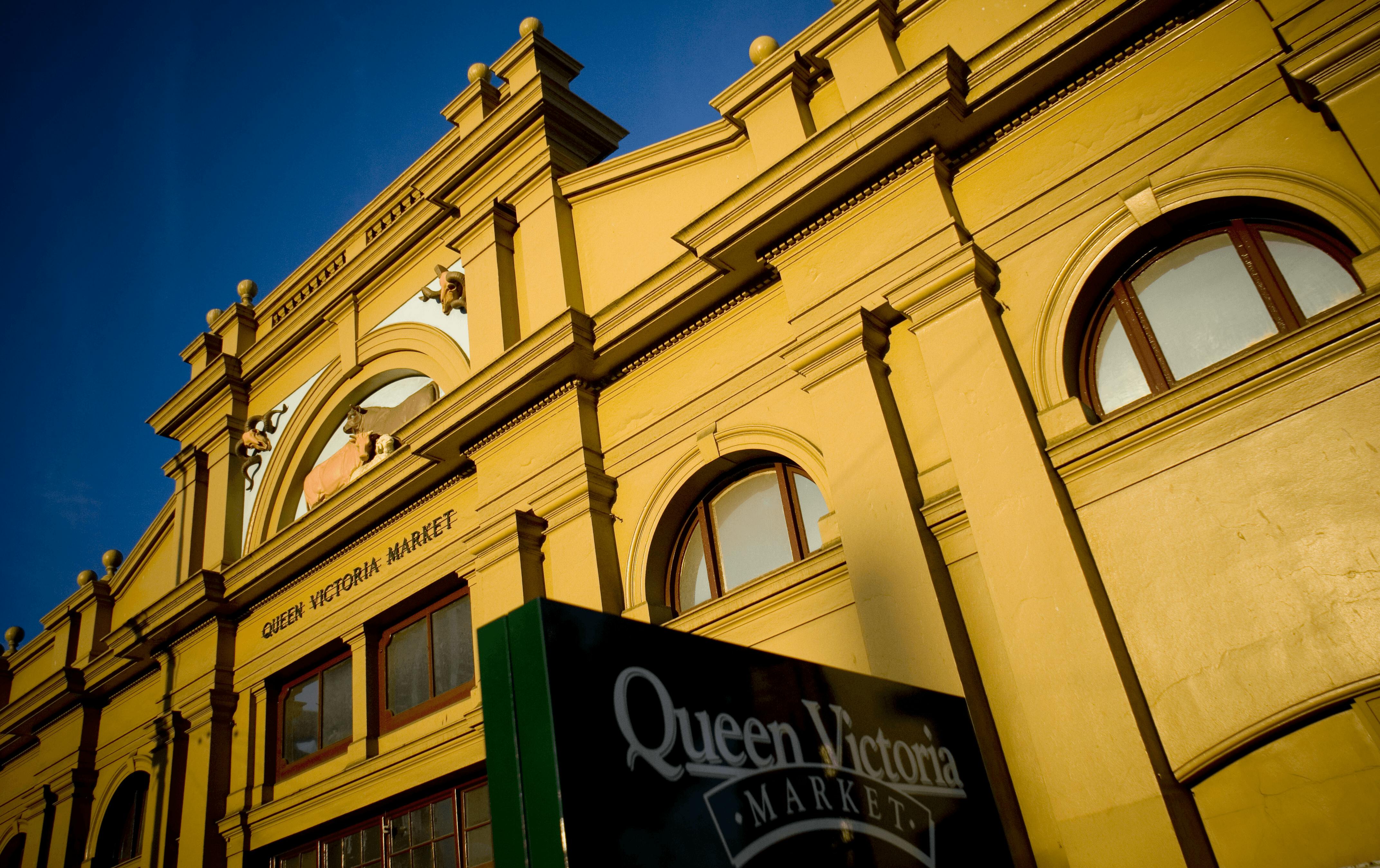 A shot of the Queen Vic Market with blue skies in the background.