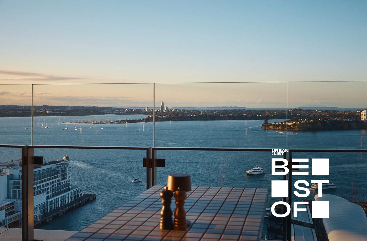 A stunning view of the harbour, plus salt and pepper shakers. 