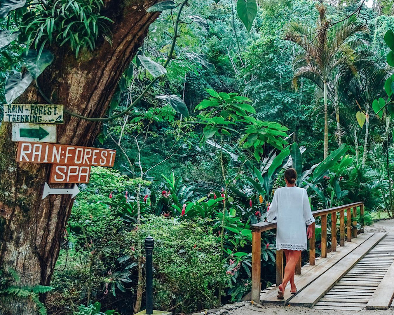 A woman walks down a path through lush Fijian rainforest to a spa. 