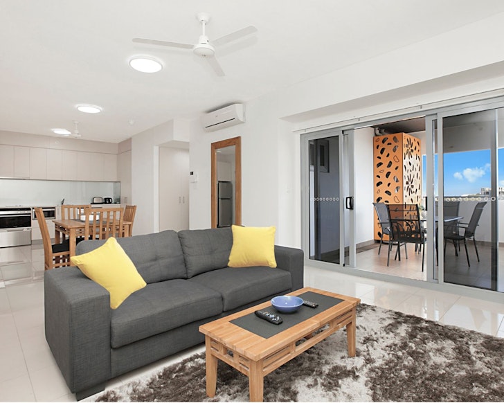 A living and kitchen space of a suite at Ramada Suites by Wyndham Zen Quarter Darwin one of the best Darwin hotels