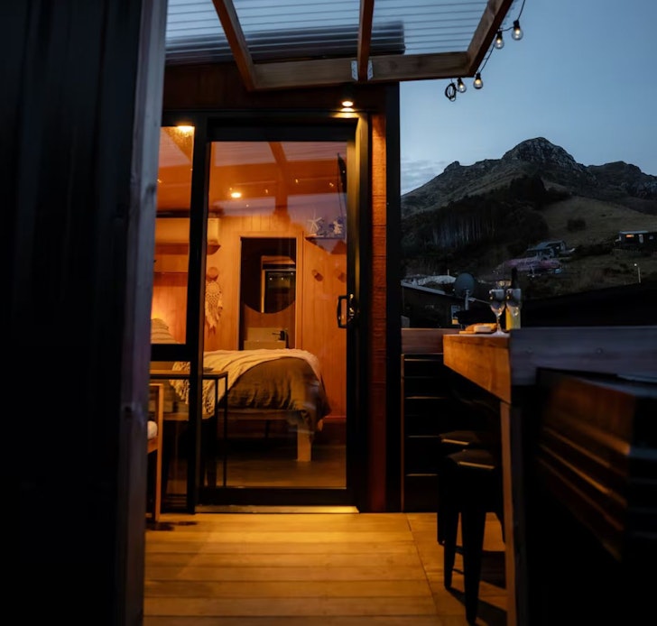 The amazing view from the Relax & Escape romantic tiny home near Christchurch, New Zealand