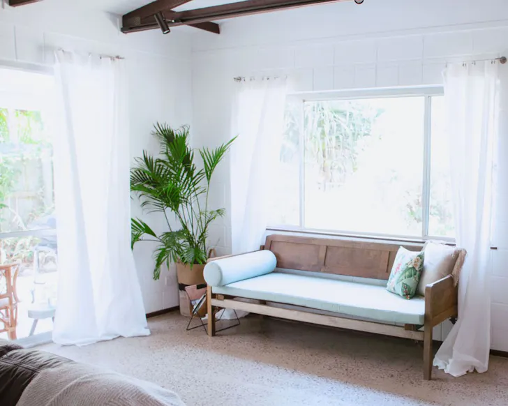 The retro couch at Retro Beach House best pet-friendly accommodation Queensland