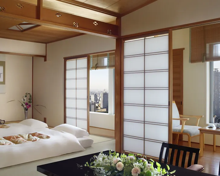 A Japanese-inspired hotel room at The Ritz-Carlton Osaka.