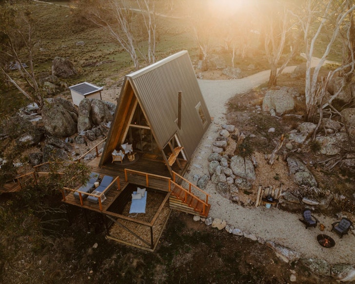 An aerial view of Riverview A-Frame best farm stays NSW