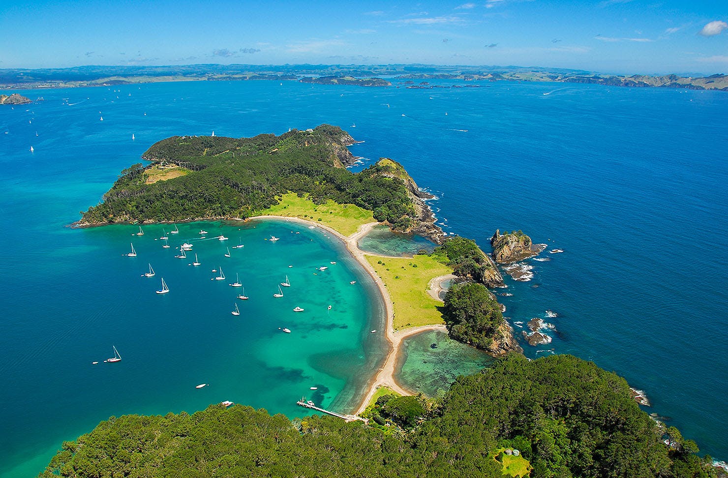 Motuarohia/Roberton Island is seen from above.