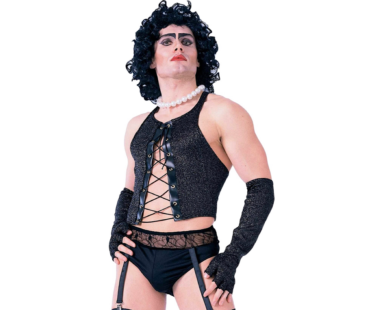 A person is wearing a Frank-n-Furter Halloween costume from the Rocky Horror Picture Show.