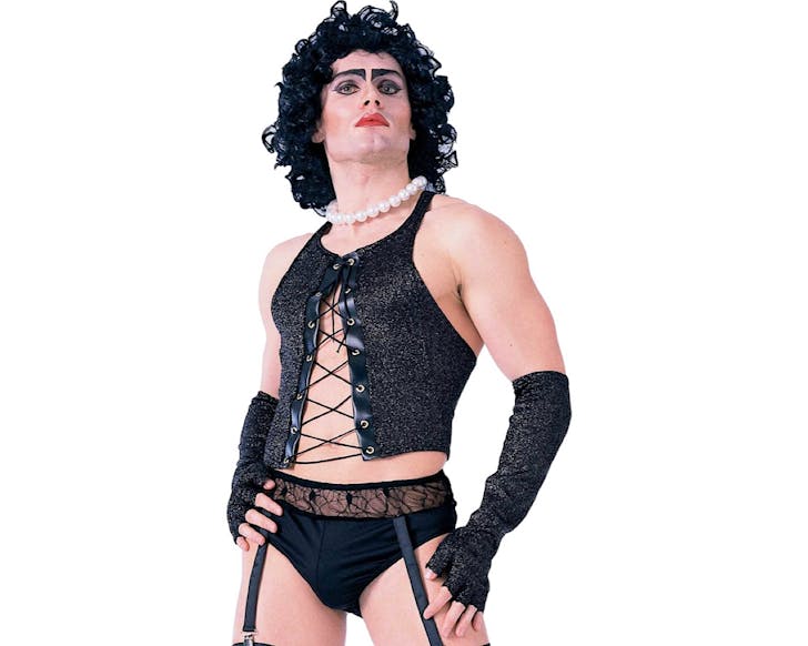 A person is wearing a Frank-n-Furter Halloween costume from the Rocky Horror Picture Show.