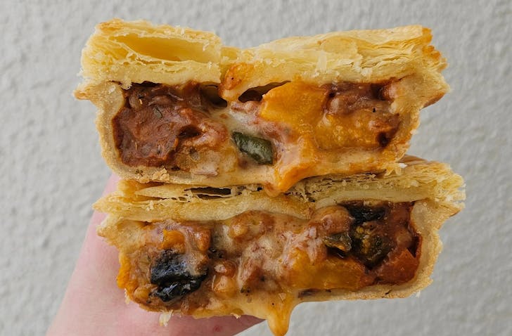 A vegan pie brimming with spicy winter vegetables. 
