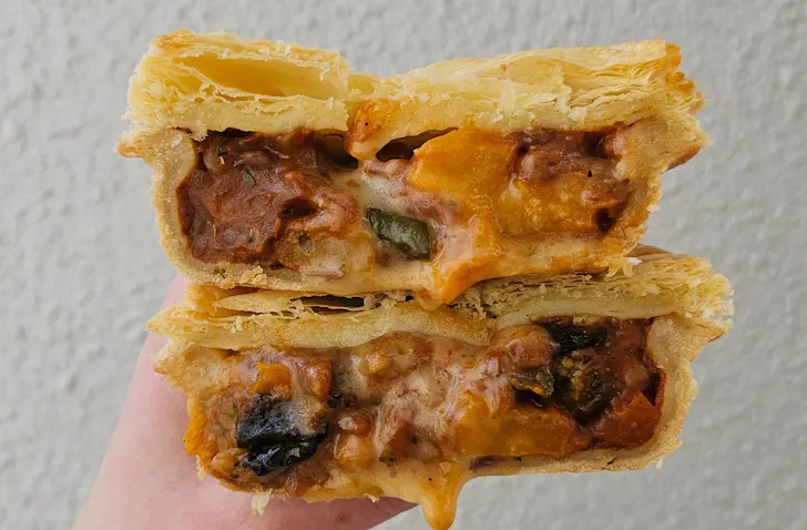 A vegan pie brimming with spicy winter vegetables. 