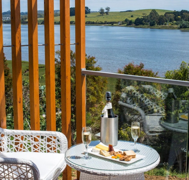 A view of the water from the balcony of the Rosevears Hotel one of the best in Tasmania
