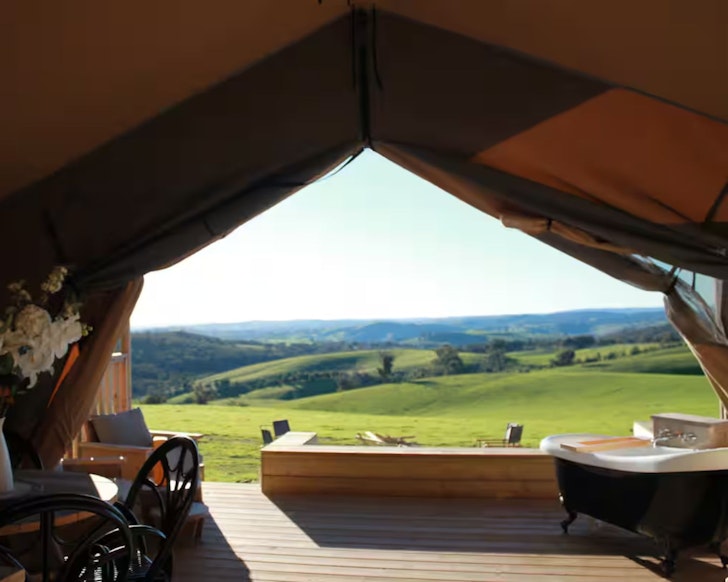 A view of the countryside from a tent at Rosewood Farm Stay pet-friendly Airbnb near Sydney