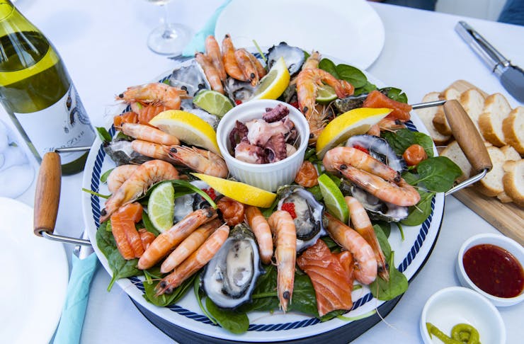 A seafood platter onboard Rottnest Cruises Seafood Experience