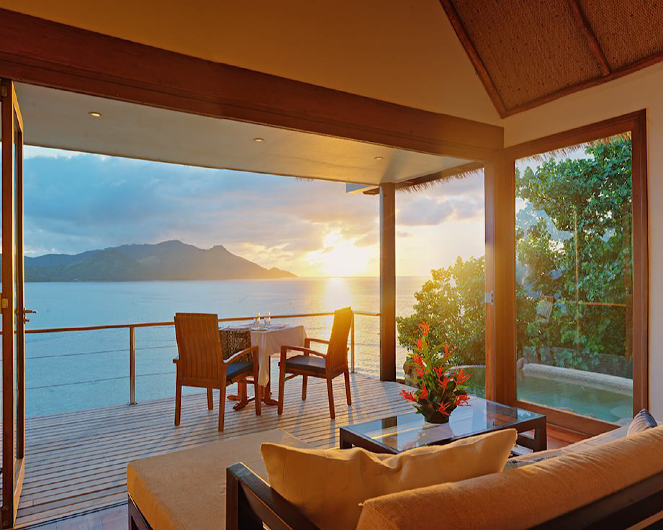 A gorgeous ocean-and-sunset view from a bure at Royal Davui Island Resort. 