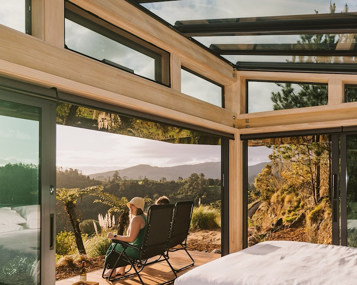 A room with a view at Ruru PurePod one of the best romantic stays near Auckland