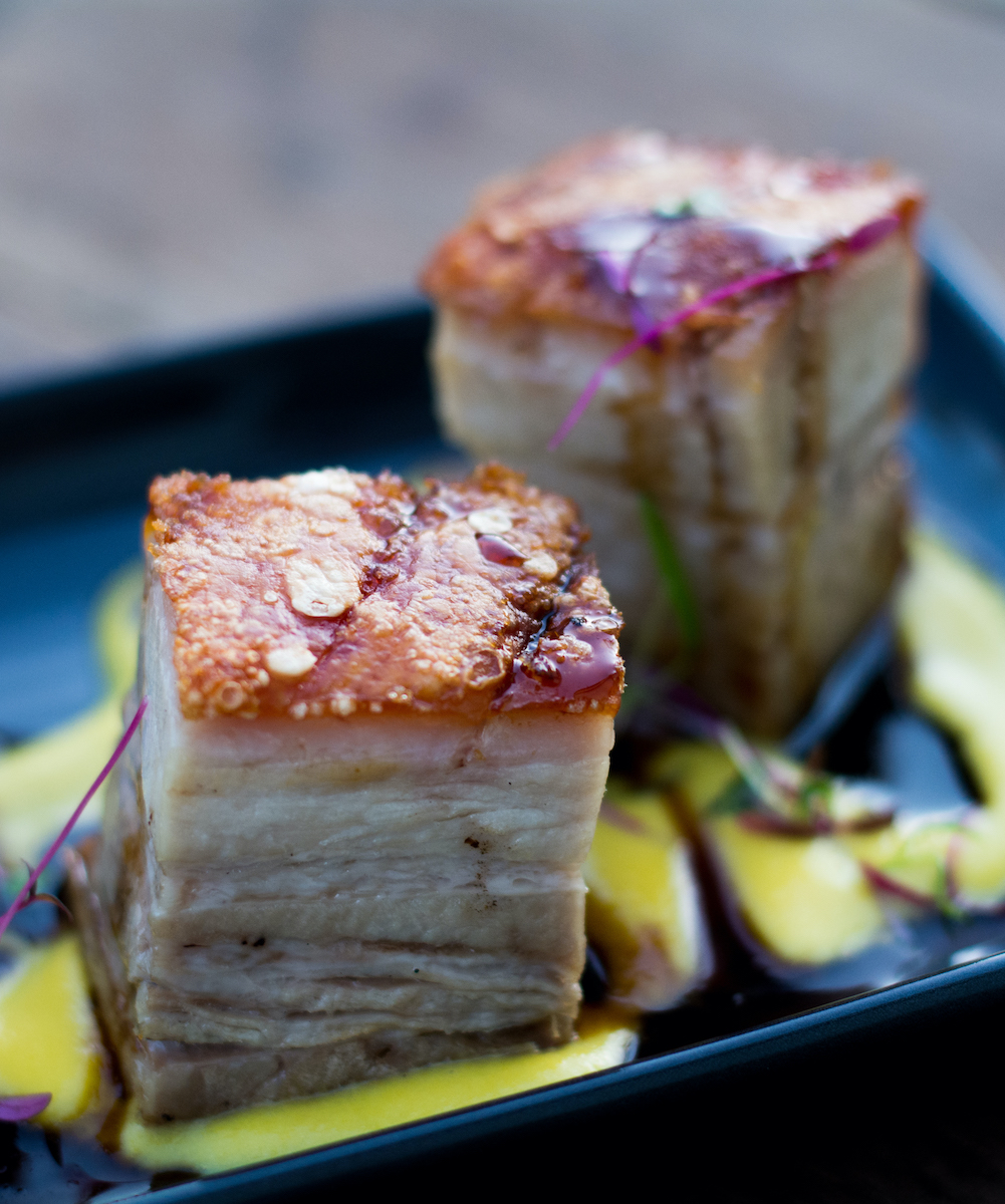 Pork belly pieces with crackling on top