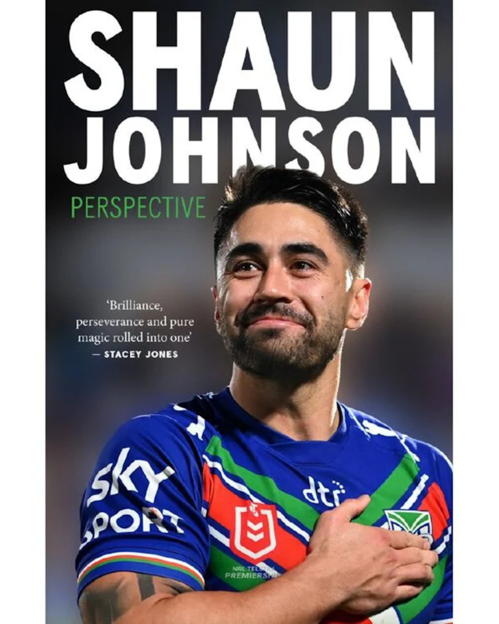 Shaun Johnson in a blue Warriors kit on the cover of his book 'Perspective'.