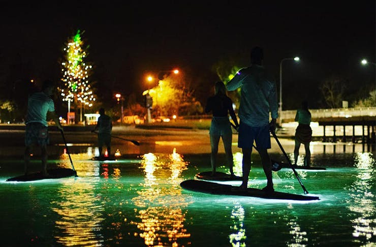 people stand up paddle boarding at night