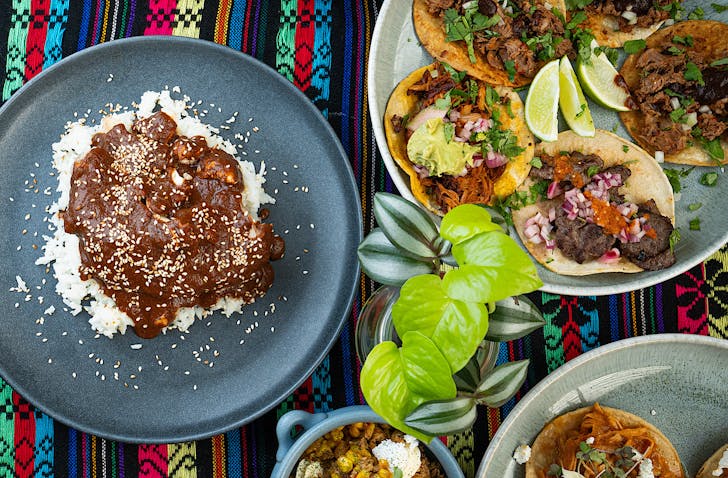 A plate of mole-covered chicken on rice and a plate of tacos.