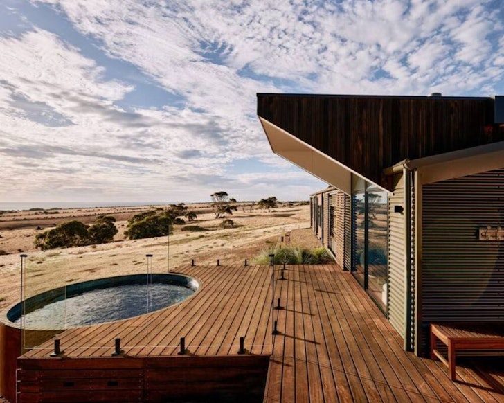 A view of the house and plunge pool at Saltbush Farm one of the best Airbnbs in South Australia
